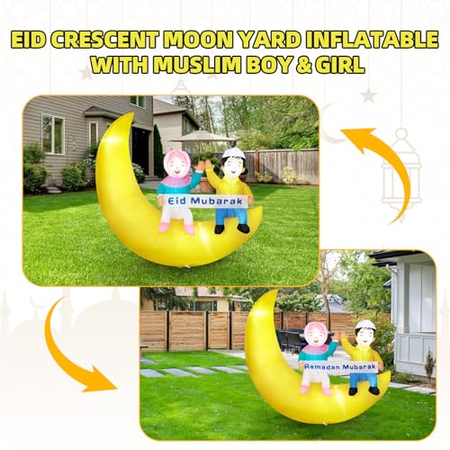 Dawdix 5FT Ramadan & Eid Mubarak Inflatable Decorations with LED Lights, Outdoor Ramadan Yard Decor with Crescent Moon & Replaceable Banners