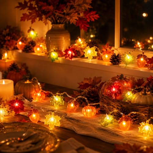 3D Pumpkin, Acorn & Maple Leaf LED String Lights 10FT 30 LED Battery Powered Warm White Fall Decor for Thanksgiving & Halloween - color: Maple