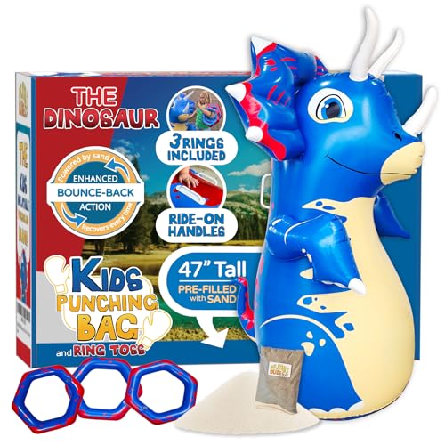 INFLATABLE DUDES Dinosaur -Kids Punching Bag | Already Filled with Sand| Bop Bag | Premium Inflatable Toy | Punching Bag for Kids | Enhanced Bounce-Back Action! | Indoor Outdoor - Party Games - color: Blue Triceratops | Pre-filled with Sand