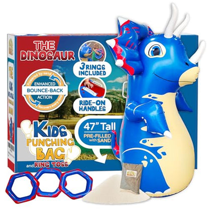 INFLATABLE DUDES Dinosaur -Kids Punching Bag | Already Filled with Sand| Bop Bag | Premium Inflatable Toy | Punching Bag for Kids | Enhanced Bounce-Back Action! | Indoor Outdoor - Party Games - color: Blue Triceratops | Pre-filled with Sand