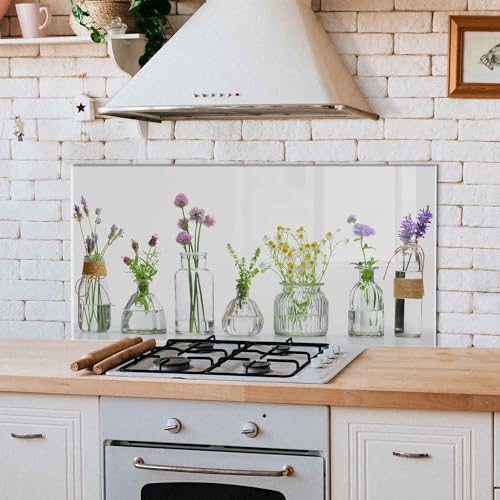 Bold Grup Tempered Glass Kitchen Backsplash, Stove Back Cover, Range Protector, Splash Guard for Sink, Botanical Vase Wall Art Decor, Cutting Board - size: 33.5''W x 19.7''H