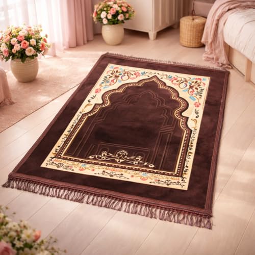 Prayer Mat for Muslim Men or Women, 70x110cm,Brown | Portable, For Ramadan, Umrah, Hajj, Turkish Rug, For Meditation and Worship - color: Brown