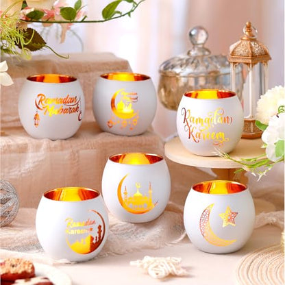 FoldTier 6 Pcs Ramadan Table Decor Ramadan Mubarak Candle Holders Glass Eid Mosque Decoration Votive Tealight Candle Holders for Muslim Gift Tabletop Centerpieces Islamic Party Home Decoration - style: Eid