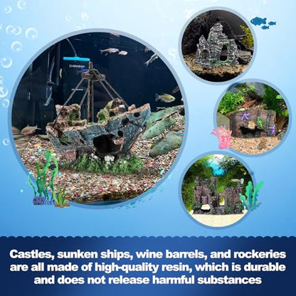CousDUoBe 14 Pcs Aquarium Decorations Large Kit，Castle Fish Tank Bubbler Decorations，Starfish Barrel, Resin Cave Rock,Resin Material Sunken Ship,Aquarium Plants Large Fish Bowl Ornaments