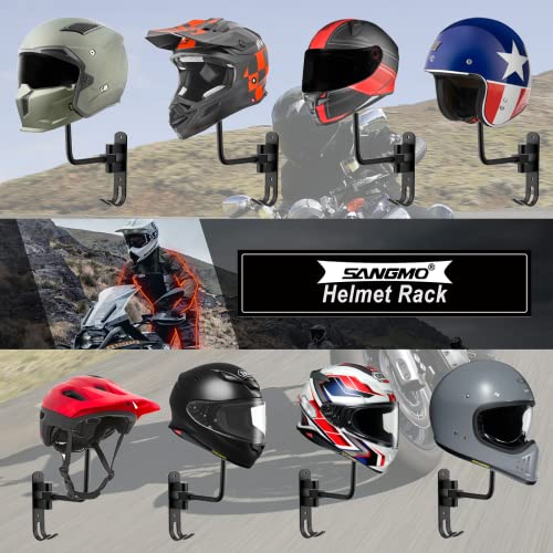 SANGMO 180° Motorcycle Helmet Rack, 4 Pack Rotation Metal Helmet Holder Wall Mount, Helmet Holder Bike with 2 Hooks Helmet Hanger for Motorcycle Bike Coats, Caps, Baseballs, Rugby Helmet (Black) - color: Black*4