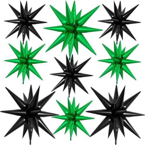 9Pcs Green and Black Star Balloons, Large Spike Foil Balloons Soccer Decor - color: Green + Black