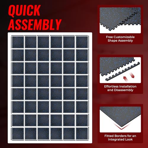 SUPERJARE 0.79'' Extra-Thick Exercise Equipment Mats, 48 Pcs 192 Sq Ft Rubber Top Floor Tiles with High Density EVA Foam, Interlocking Gym Flooring for Home Gym, Workout Mat, Black/Blue - size: 48 Tiles (192 Sq Ft)