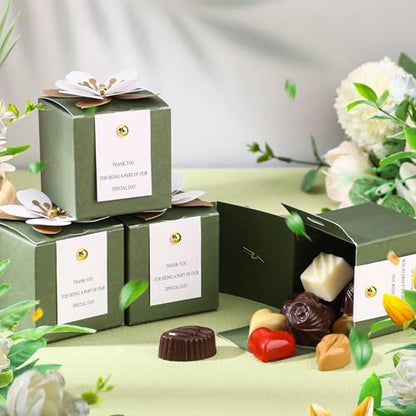 Affrolling 50 Pcs Wedding Favor Boxes with Thanks Card Square Flower Candy Boxes Paper Bridal Gift Box for Guests Wedding Bridal Shower Birthday Party Anniversary(Green) - color: Green
