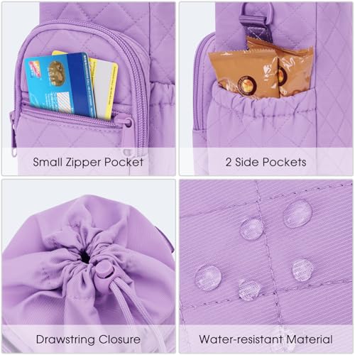sportsnew 40oz Insulated Crossbody Water Bottle Bag Gym Hiking Phone Pocket | Water-resistant Lining, Padded Strap, Top Handle, Drawstring, Phone Pocket, Elastic Slots, Built-In Key Clip for Gym Walking - color: Quilt Purple