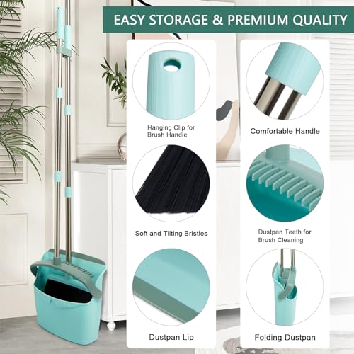 Broom and Dustpan Combo Set,55" Long Handle,Green | Heavy Dust,Dustpans with Broom Combo,House Accessories for Home, Kitchen,Office,Classroom,Apartment,Pet Hair - color: Green