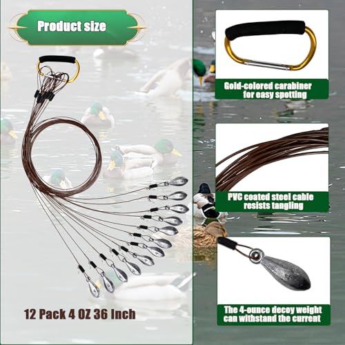 Texas Duck Decoy Rigs Weights Tangle Free Duck Hunting Decoy Rigs with A Large Gold Padded Carabiner, Waterfowl Decoy Rigs Anchors for Duck Hunting 12pack - color: 4 OZ 36 In