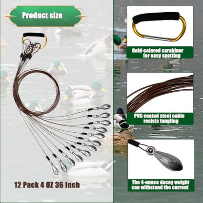 Texas Duck Decoy Rigs Weights Tangle Free Duck Hunting Decoy Rigs with A Large Gold Padded Carabiner, Waterfowl Decoy Rigs Anchors for Duck Hunting 12pack - color: 4 OZ 36 In