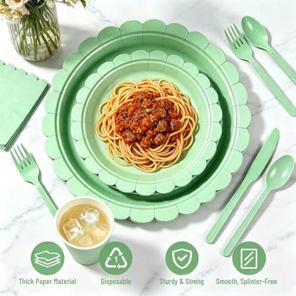 HoMaNa 175 Pcs Party Plates Set - 9" Dinner Plates & 7" Dessert Plates, 9 oz Paper Cups, Napkins, Paper Cutlery for 25 Guests – Birthday Party, Wedding, Baby Shower Tableware,Green