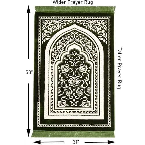 Modefa Turkish Islamic Velvet Prayer Rug - Thick & Wide Soft Praying Carpet for Men & Women - Eid & Ramadan Gift - with Kufi Cap, Beads & Car Hanger - Double Plush (Floral Arch - Green) - color: Floral Arch - Green