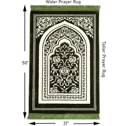 Modefa Turkish Islamic Velvet Prayer Rug - Thick & Wide Soft Praying Carpet for Men & Women - Eid & Ramadan Gift - with Kufi Cap, Beads & Car Hanger - Double Plush (Floral Arch - Green) - color: Floral Arch - Green