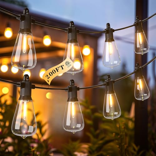 Kawaya 200FT LED Outdoor String Lights, Dimmable Waterproof Shatterproof Vintage Patio Lights with 100+4 Bulbs, Commercial Grade for Backyard, Garden, Bistro, Cafe & Party - size: 200FT