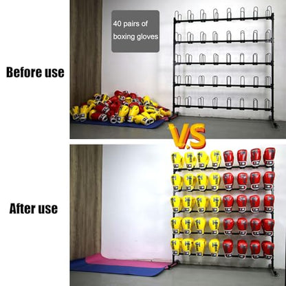 Boxing Glove Dryer and Organizer, Boxing Gym Glove Storage Rack, Large Capacity Holds 40 Pairs of Gloves, Heavy Duty Metal Double Sided 5 Tier Glove Hanging Rack with Mobile Wheels