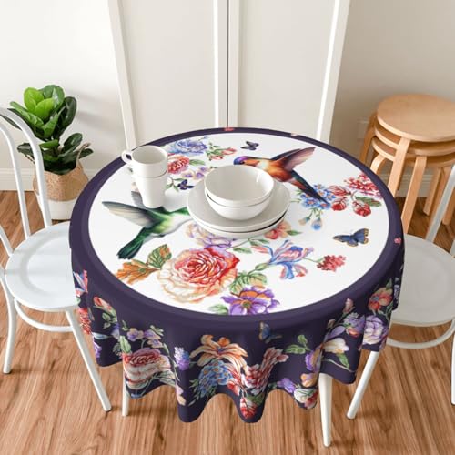 Hummingbird Tablecloth Spring Summer Round Table Cover Washable Table Cloth for Home Kitchen Party Picnic 60 Inch - color: Hummingbird