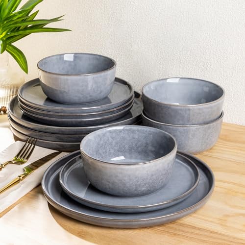 AmorArc Stoneware Dinnerware Sets for 6, 18 Piece Plates and Bowls Sets - color: Reactive Grey, size: Service for 6