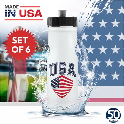 50 Strong Sports Water Bottles – Reusable 22 oz BPA-Free Plastic Bottles with Pull Top Cap – Made in USA – Top Rack Dishwasher Safe – Fits Most Bike Cages Brand - color: Custom, style: 6 Pack