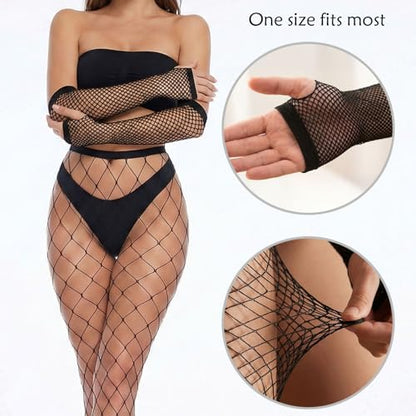 Fish Nets Leggings and Fishnet Arm Sleeves Set for Womens Costumes Black Mesh Tights High Stockings Gloves