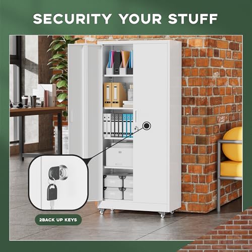 Greenvelly 73" Metal Storage Cabinet with Wheel, Lockable White Metal Garage Cabinets with 2 Doors and 4 Adjustable Shelves, Rolling Steel Tool Cabinet for Garage, Home Office, School - color: White, style: 73"H-Wheels