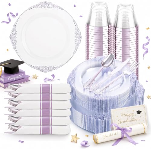Hioasis 175pcs Clear and Purple Plates - Party Plates for 25 Guest, Include 50 Heavy-duty Plates(20% Thicker Than Standard), 25 Pre Rolled Plastic Silverware Set, 25 Cups for Graduation - color: Clear and Purple