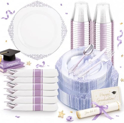 Hioasis 175pcs Clear and Purple Plates - Party Plates for 25 Guest, Include 50 Heavy-duty Plates(20% Thicker Than Standard), 25 Pre Rolled Plastic Silverware Set, 25 Cups for Graduation - color: Clear and Purple