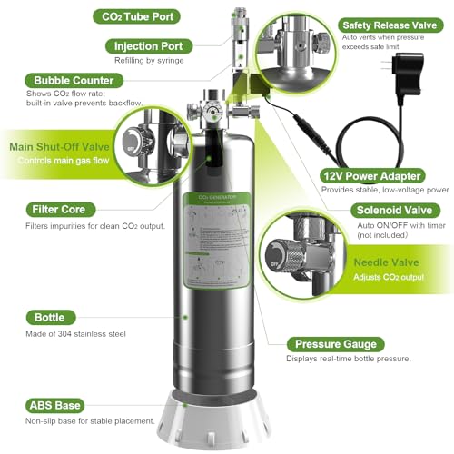 FZONE 5L Upgraded Aquarium CO₂ System with Complete Accessories, CO₂ Generator kit with Integrated Solenoid & Bubble Counter, Safety Valve, Main Switch for Planted Tanks - size: 5L