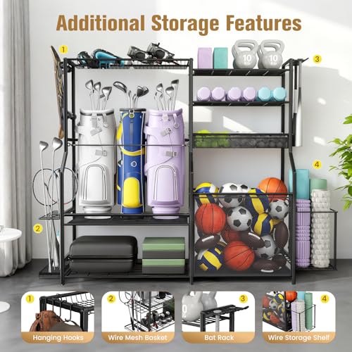 Garage Sports Equipment Organizer, 3 Golf Bag Organizer Stand Heavy-Duty Ball Storage Rack with Basket and Hooks, Ball Storage Cart for Toy Sports Gear Storage, Black