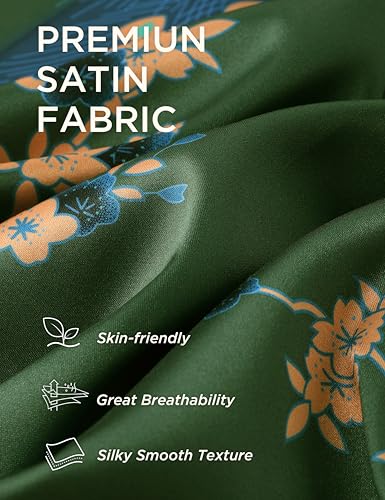 BABEYOND Women's Kimono Robe Long Satin Robes with Peacock and Blossoms Printed Kimono Nightgown - color: Bronze Green, size: One Size