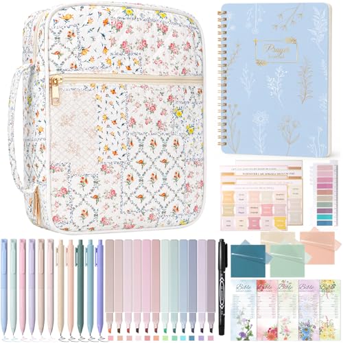 XKDOUS Bible Cover Case for Women Bible Bag Journaling Kit w/Study Supplies - color: Patchwork Floral With Journal, size: XL