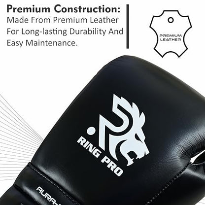 Aura 100 Full Grain Leather Lace Up Boxing Gloves for Men & Women – Professional Training, Sparring, Competition, Muay Thai, Kickboxing & Heavy Bag Gloves - color: Black, size: 12 OZ