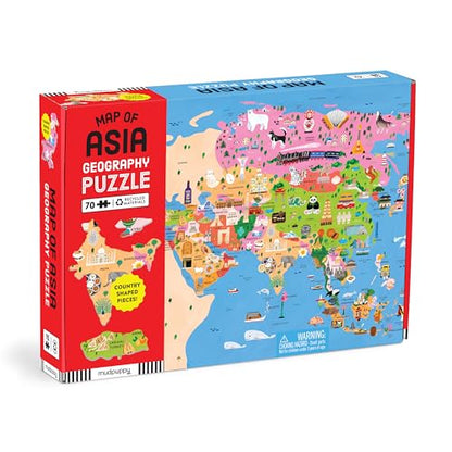 Mudpuppy Map of Asia – 70 Piece Geography Puzzle with Country-Shaped Pieces and Iconic Landscapes Cultural Items and More - style: Map of Asia