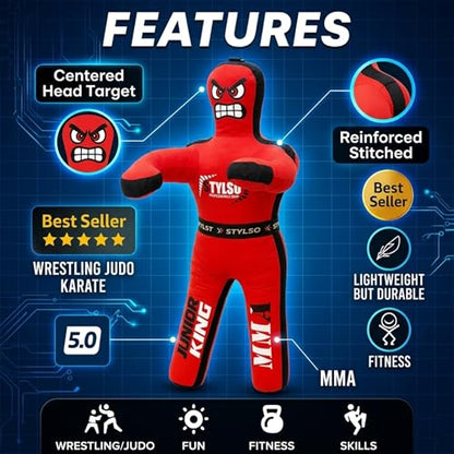 Unfilled Wrestling Dummy for Kids – Youth Grappling Dummy BJJ, MMA, Jiu Jitsu & Judo Training Partner – Durable Martial Arts Practice Buddy - color: Red, size: 3ft / 36"
