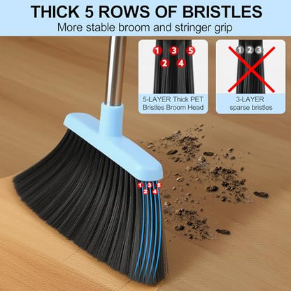 BSKLIN Broom and Dustpan Set for Home, 52" Long Handle Broom Set with Dustpan Teeth to Clean Hair Sweeping Indoor and Outdoor (Blue) - size: Small-Blue