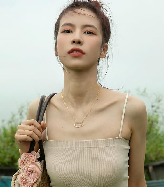 POTESSA 18K Gold Plated Pendant Necklace Medallion Coin Heart Y Shaped Chain Toggle Necklace for Women Jewelry - color: Pin