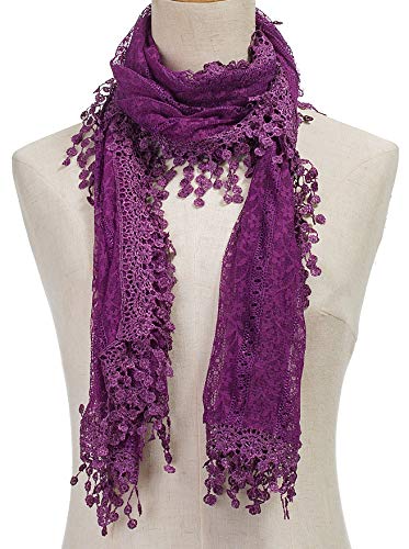 Cindy & Wendy Lightweight Soft Leaf Lace Fringe Scarf Bridal Shawl for Women - color: Purple-2