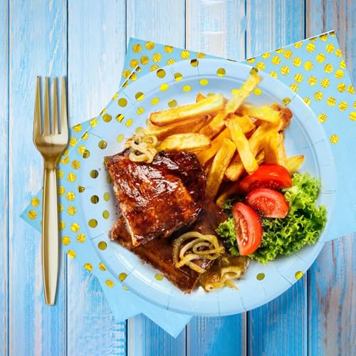 150 PCS Blue and Gold Paper Plates Napkins Forks Party Supplies Serves 50, Golden Dot Disposable Paper Dinnerware 9" Plates for Birthday, Baby Shower, Boy Birthday - color: Blue Gold (Serves 50)