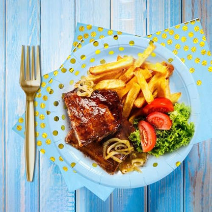 150 PCS Blue and Gold Paper Plates Napkins Forks Party Supplies Serves 50, Golden Dot Disposable Paper Dinnerware 9" Plates for Birthday, Baby Shower, Boy Birthday - color: Blue Gold (Serves 50)