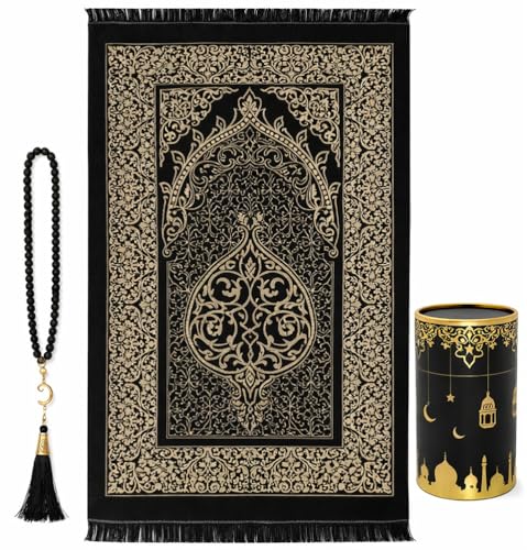 Modefa Islamic Gifts Prayer Mat | Thin Woven Praying Mat Muslim Prayer Rug | Muslim Gifts for Men Ramadan Gifts with Tesbih Prayer Beads | Ottoman Rug with Cylinder Gift Box Set Ramadan (Black) - color: Black