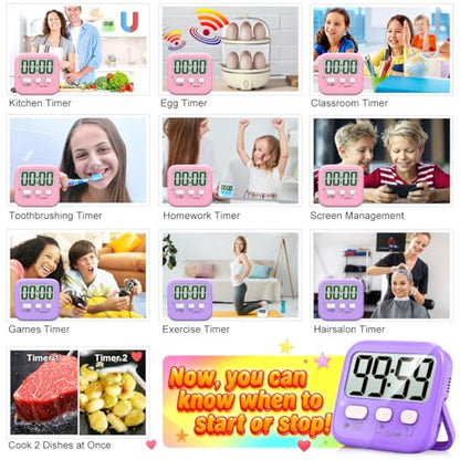 2 Pack Digital Timer for Kids Classroom Kitchen Timers for Cooking | w/ Battery, Easy to View, Alarm, Mute Mode, Count Down/Up, Magnetic, Kickstand, Hanging, Classroom Timer for Teacher Supplies - color: 2 * Pink + Purple