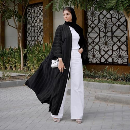 Womens Muslim Kimono Abaya Solid Striped Retro Ethnic Cardigan Robe Dubai Middle Eastern Saudi Arabia Eid Clothes - color: Black Cardigan + Hijab, size: XX-Large