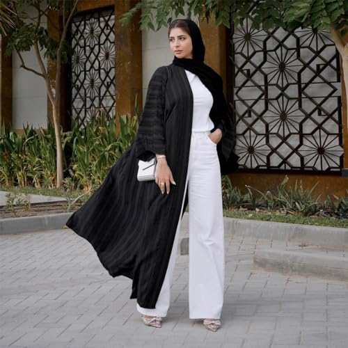 Womens Muslim Kimono Abaya Solid Striped Retro Ethnic Cardigan Robe Dubai Middle Eastern Saudi Arabia Eid Clothes - color: Black Cardigan + Hijab, size: Large