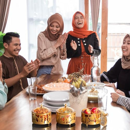 4 Pcs Ramadan Serving Trays with Lid Metal Gold Eid Mubarak Tray Decorations Ramadan Plate Food Storage Container for Serving Cookie Candy Pastry Dessert Eid Party(Classic) - style: Classic