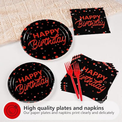 Grencian 96Pcs Red and Black Birthday Party Decorations Red Polka Dots on Black Paper Plates and Napkins Disposable Dessert Tableware for Men Women Birthday Party Decorations 2026 Serves 24 - style: Red Black Wave Point Birthday Sets