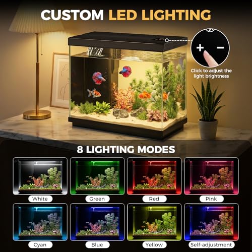 2.2 Gallon Small Fish Tank, Betta Fish Aquariums Black | with 4-in-1 Filter Pump, LED Light, Temperature Display, Fan & Surface Intake Design, for Home Office, Beginner Friendly