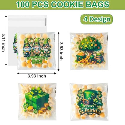 ZYLOP Self-Sealing St. Patricks Cookie Bags – 100PCS 4x4 Inch Green Shamrock Cellophane Treat Candy Goodie Bags, Clear Self-Adhesive Gift Bags for Irish Party, Classroom, Bakery, Holiday Favors - color: St. Patricks 100pcs