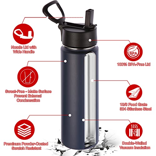 Volhoply Insulated Water Bottles with Straw Bulk 4 Pack, 22 oz Stainless Steel Sports Bottle, Double Walled Vacuum Metal Water Cups with Wide Mouth, Reusable Cold Water Flask for Hiking(Navy,4 Set) - color: Navy