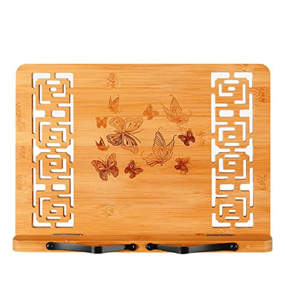 MEGREZ Book Stand for Reading (13.2 x 9.4 inch) Bamboo Cookbook Stand Holder for Kitchen, Adjustable Book Holder Stand for Tablet/Textbook Holder/Hollow Bookrest Stand, Butterflies - color: Butterflies
